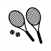2本のテニスラケットとボールの白黒シルエットイラスト素材