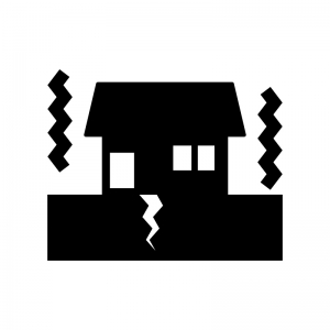 地震で揺れている家の白黒シルエットイラスト