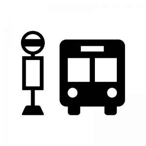 バス停とバスの白黒シルエットイラスト02