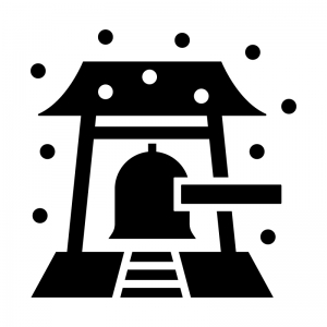 雪と寺院の鐘・除夜の鐘の白黒シルエットイラスト