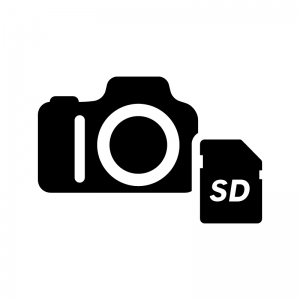 デジタル一眼レフカメラとSDカードの白黒シルエットイラスト