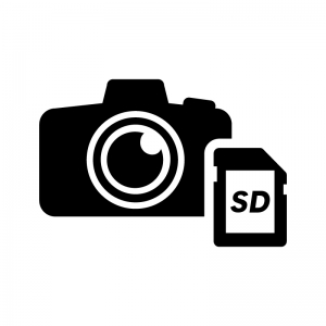 デジタル一眼レフカメラとSDカードの白黒シルエットイラスト02