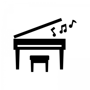 グランドピアノと音符の白黒シルエットイラスト02