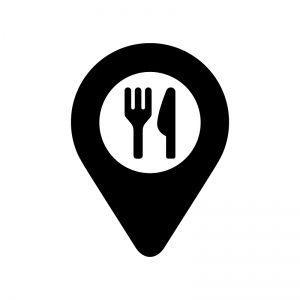 レストラン・飲食店の地図マーカーの白黒シルエットイラスト